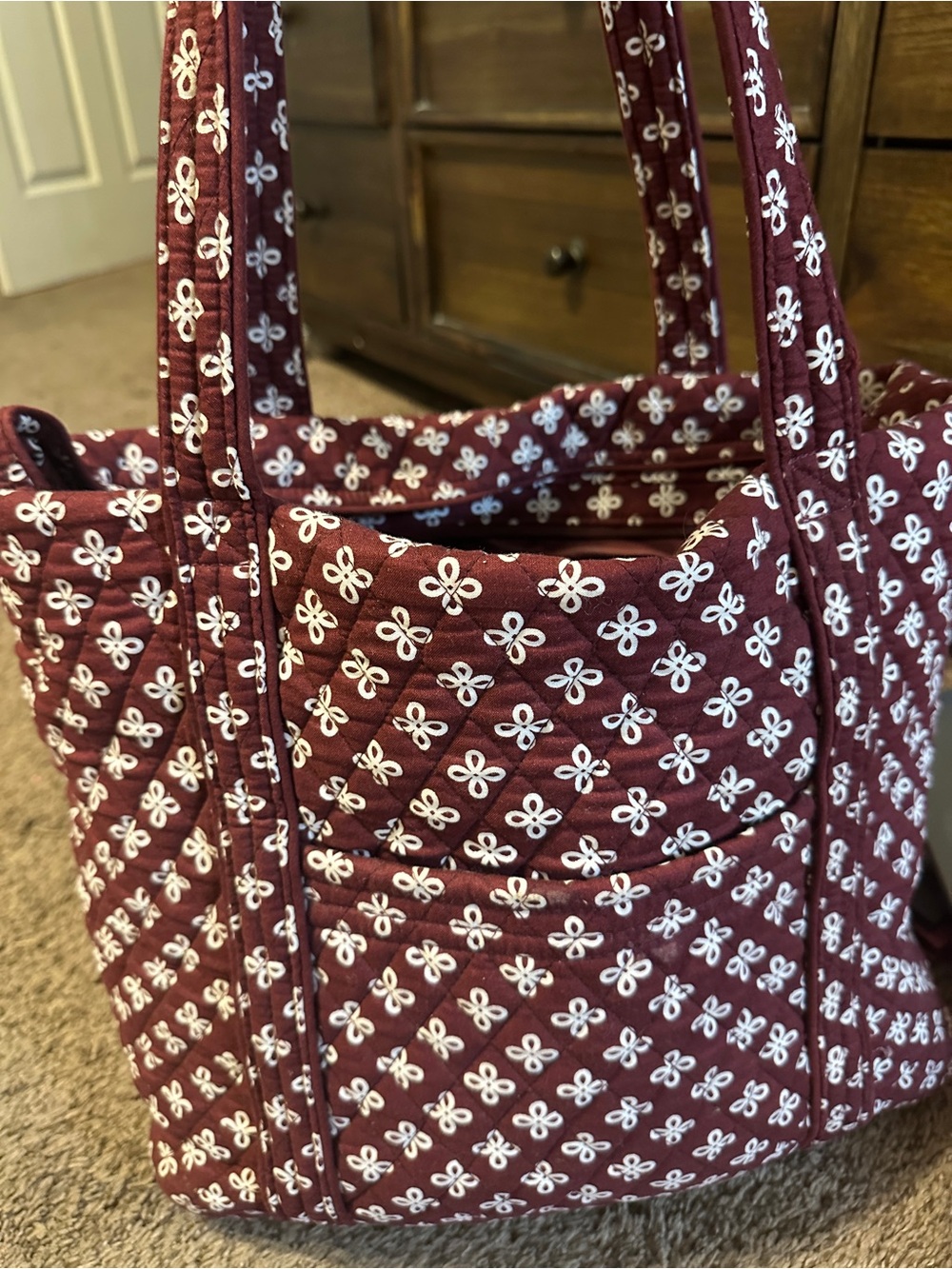 Vera Bradley Quilted Maroon Tote with White Floral Print